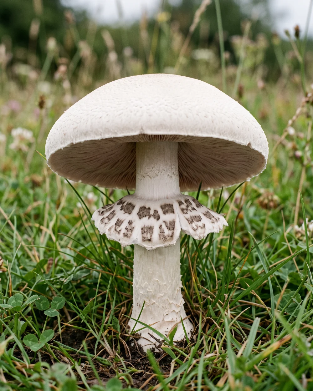 Agaric des jachères, grand chapeau blanc et anneau en rouelle, en prairie