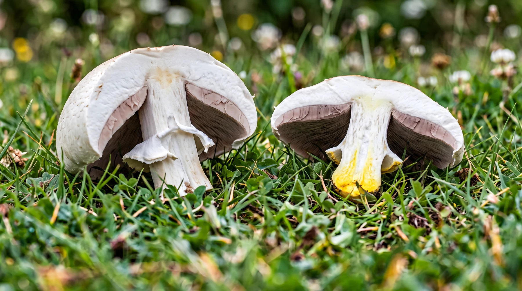 Agaric des jachères coupé en deux à gauche, chair entièrement blanche, et agaric jaunissant à droite, base du pied colorée en jaune vif