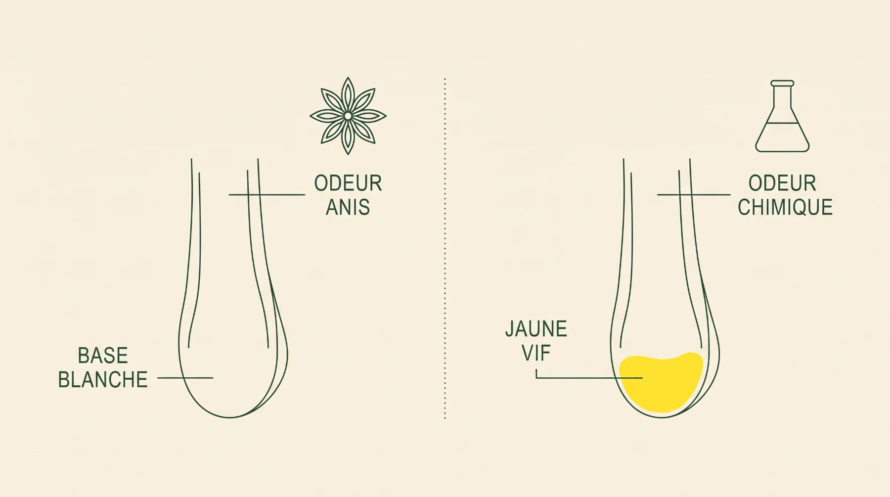 Schéma comparatif de la base du pied et de l’odeur chez l’agaric des jachères et l’agaric jaunissant