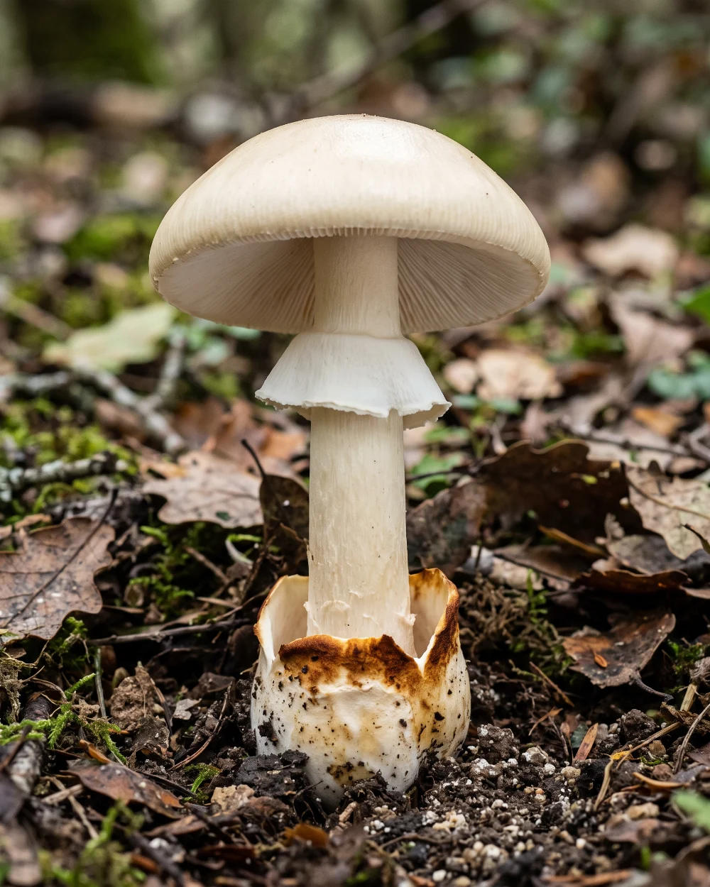 Amanite à volve rousse, chapeau blanc, anneau membraneux et volve à bord ocre roux