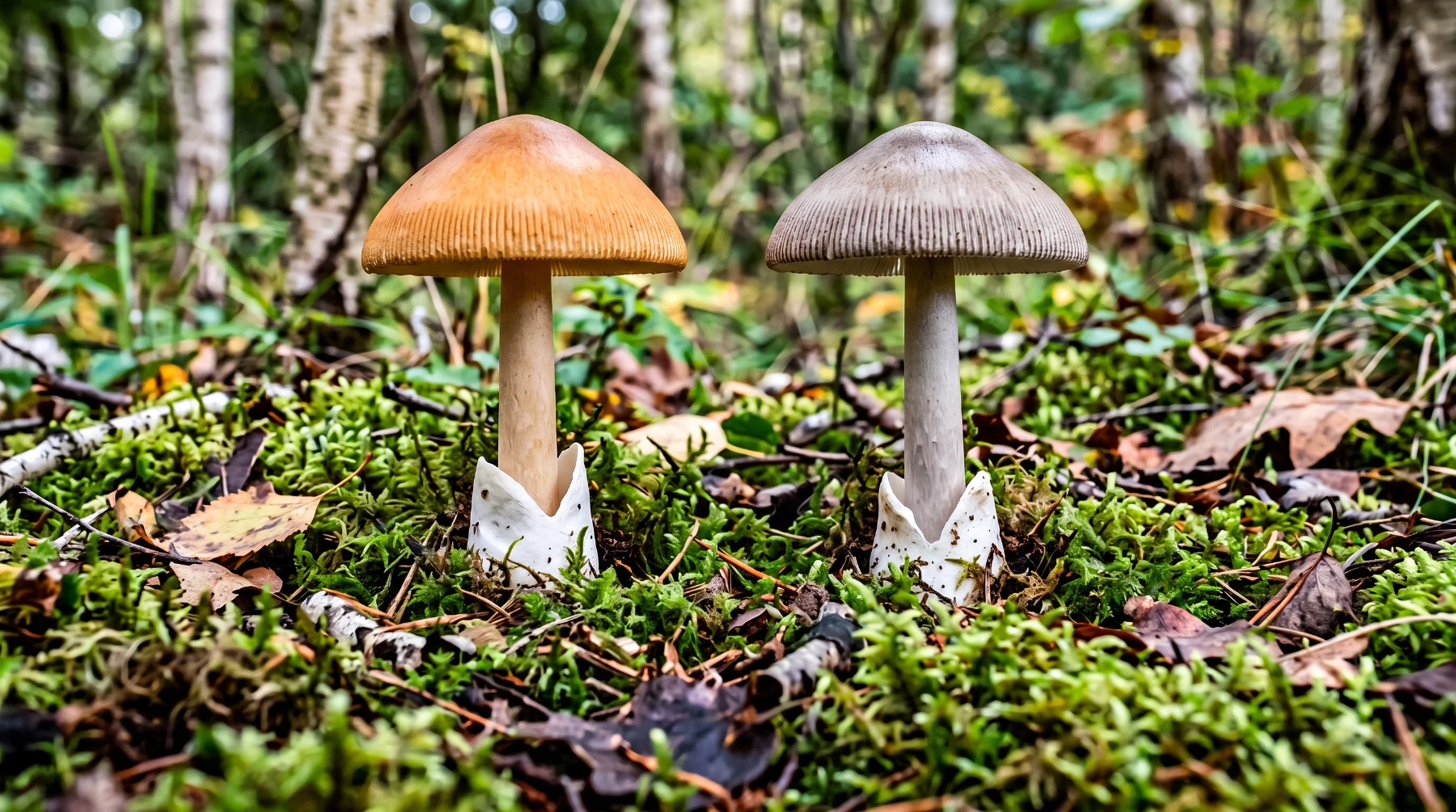 Amanite fauve au chapeau roux à gauche et grisette au chapeau gris à droite, toutes deux sans anneau et le pied engainé dans une volve blanche en sac, dans la mousse sous des bouleaux