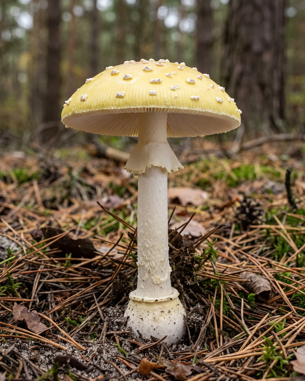 Amanite jonquille, chapeau jaune pâle à marge striée et bulbe à bourrelet