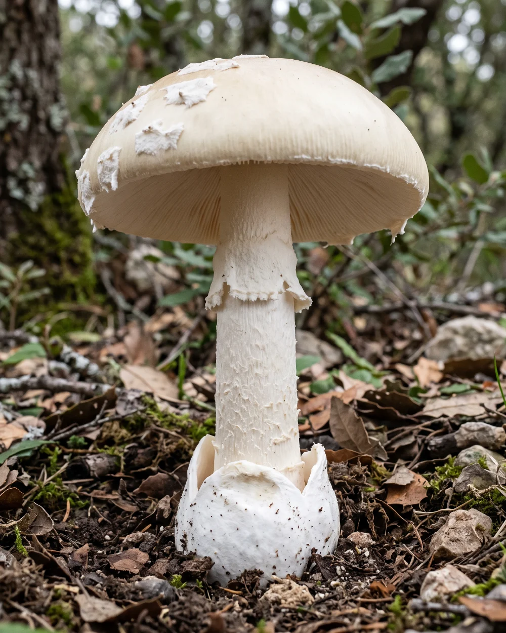 Amanite ovoïde, grand chapeau blanc crème, voile cotonneux et volve blanche épaisse