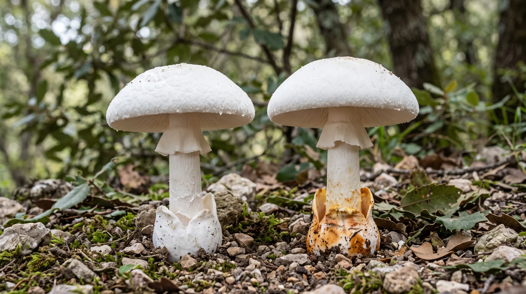 Amanite ovoïde à volve blanche et amanite à volve rousse côte à côte, bases déterrées