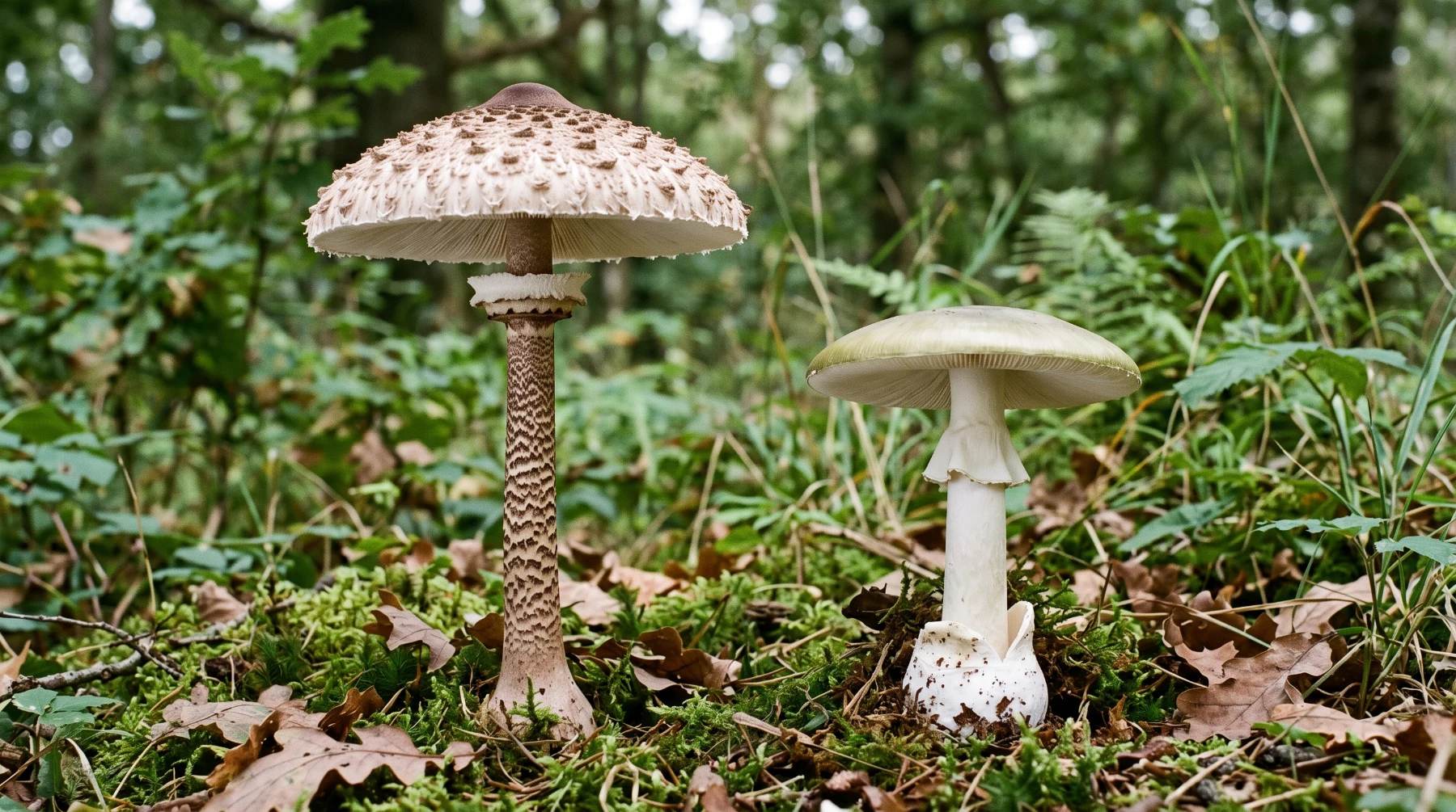 Coulemelle à gauche et amanite phalloïde à droite, côte à côte sur le sol forestier