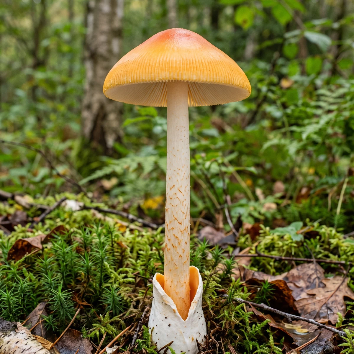 Amanite safran entière dans la mousse, chapeau orange abricot en cloche, pied sans anneau et volve blanche en sac à la base