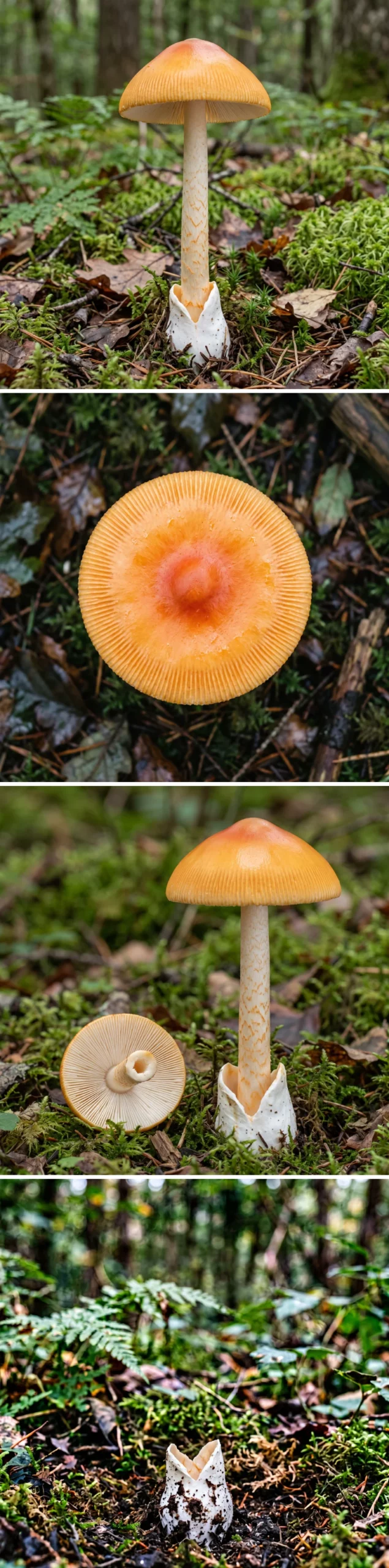 Montage de quatre photos de l'amanite safran : le champignon entier dans la mousse, le chapeau orange vu de dessus avec sa marge striée, le dessous à lames blanches libres, et la base du pied dans sa volve blanche en sac