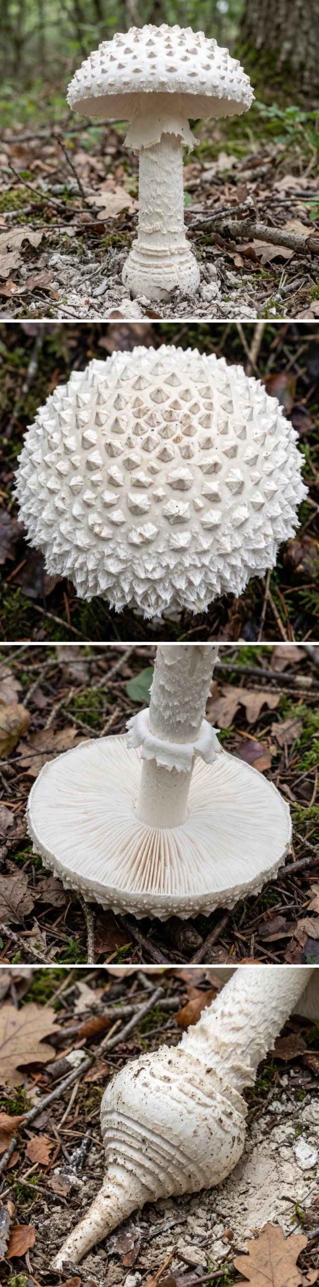 Amanite solitaire en quatre vues : le champignon entier, le chapeau couvert de flocons pyramidaux, les lames blanches épaisses sous l'anneau haut, et le bulbe à bourrelets déterré