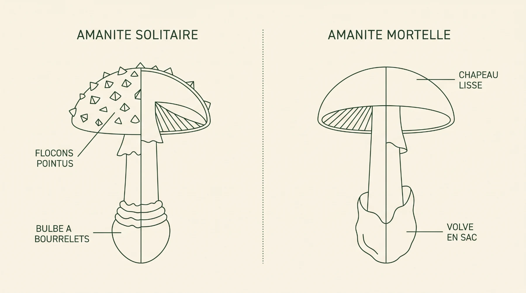 Schéma comparant l'amanite solitaire, à flocons pointus et bulbe à bourrelets, et une amanite blanche mortelle, à chapeau lisse et volve en sac