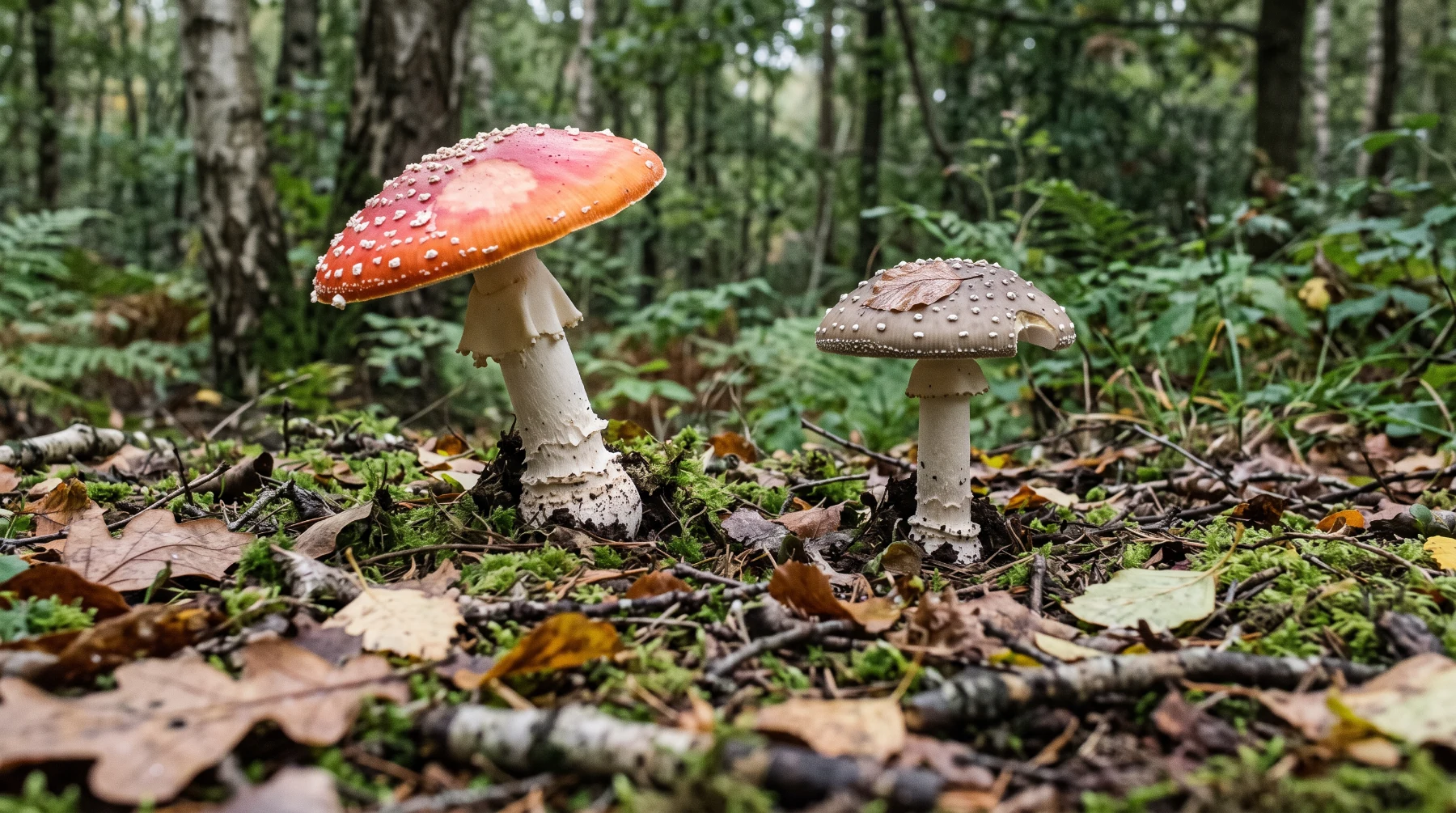 Amanite tue-mouches au chapeau rouge délavé à gauche et amanite panthère au chapeau brun à flocons blanc pur à droite, avec une feuille collée sur son chapeau, dans la litière d'un bois de bouleaux