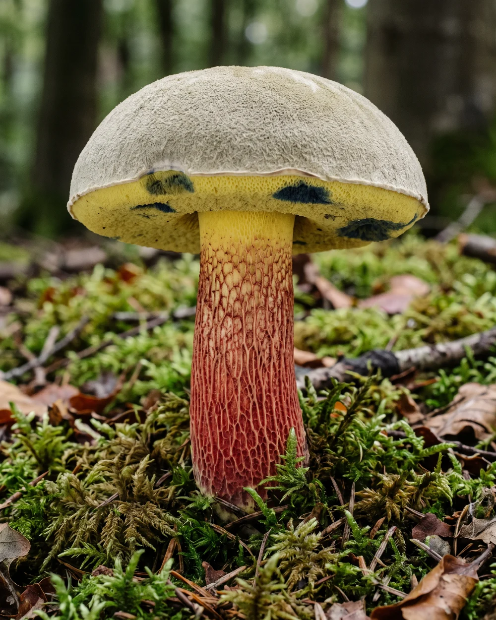 Bolet à beau pied, chapeau gris blanchâtre, pores jaunes et pied à réseau rouge