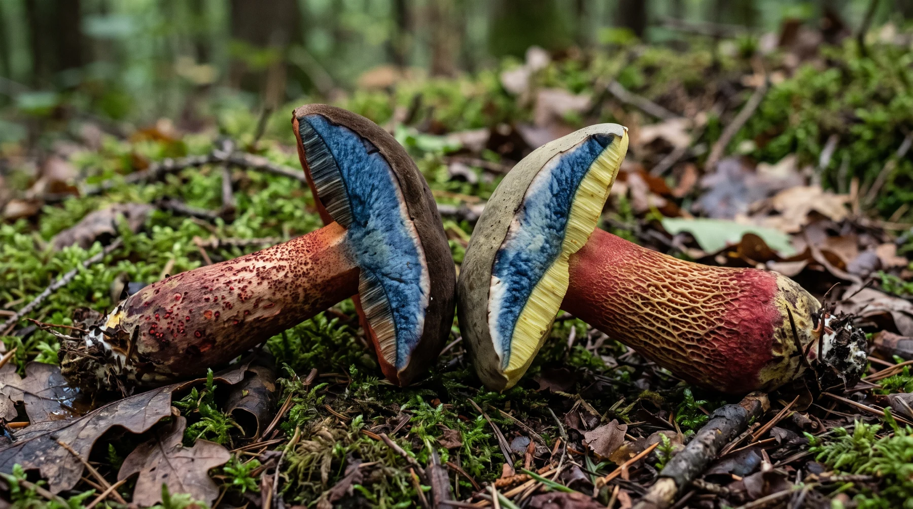 Bolet à pied rouge et bolet à beau pied coupés en deux, chair bleuissante
