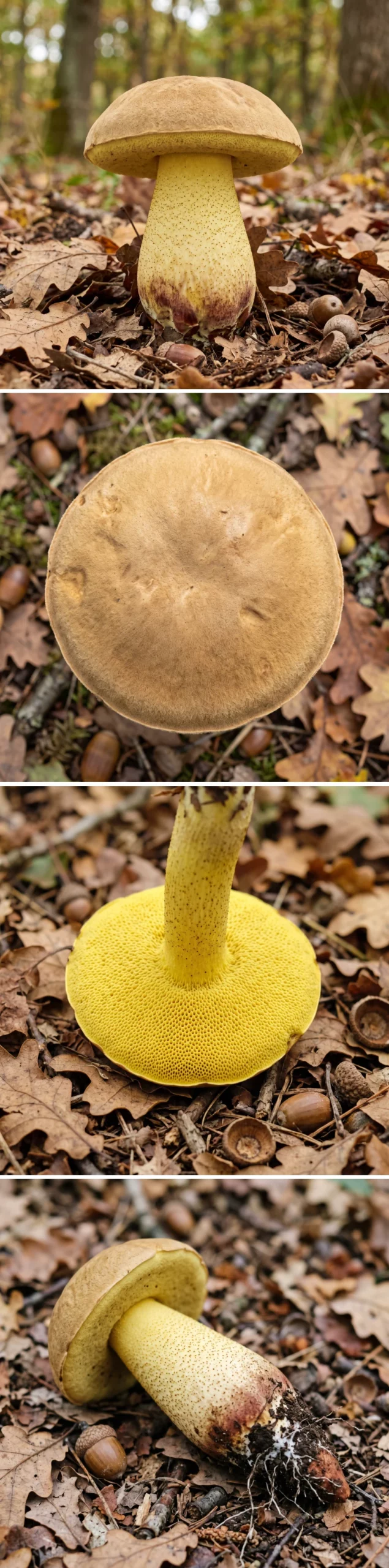 Quatre vues du bolet à pied jaune : le champignon entier, le chapeau feutré vu de dessus, les pores jaune citron du dessous, et la base du pied granuleuse aux tons rougeâtres