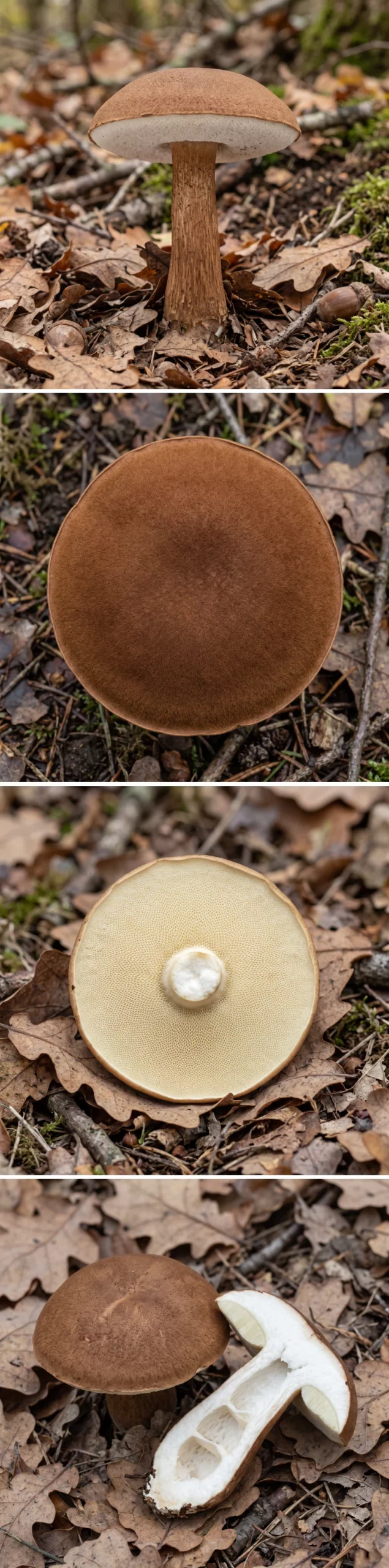 Bolet châtain en quatre vues : le champignon entier, le chapeau brun velouté de dessus, les pores pâles, et le pied coupé montrant les chambres creuses et la chair restée blanche