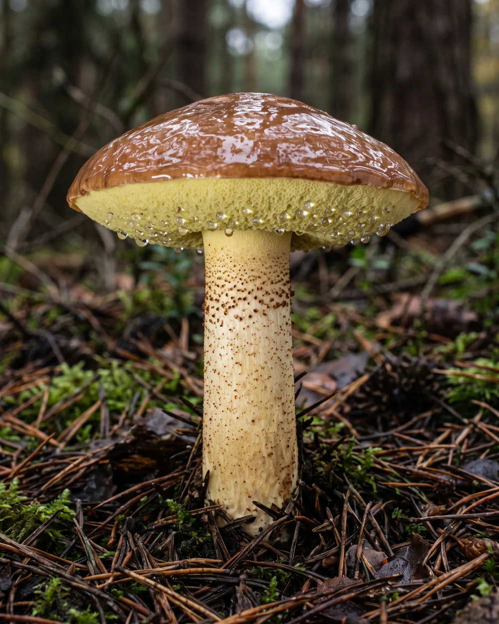Bolet granulé, chapeau visqueux brun rouge et pores jaunes couverts de gouttelettes