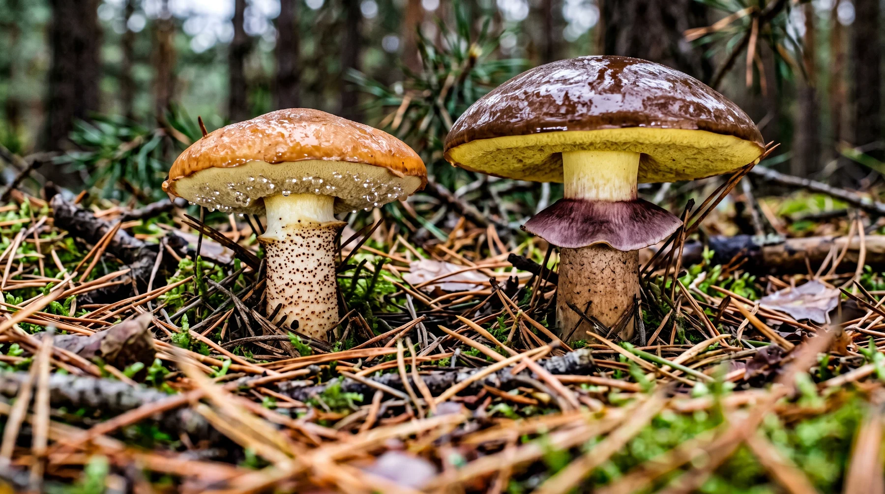 Bolet granulé à gauche, chapeau ocre et pied granuleux sans anneau, et nonnette voilée à droite, chapeau brun luisant et large anneau brun violacé, côte à côte sous les pins