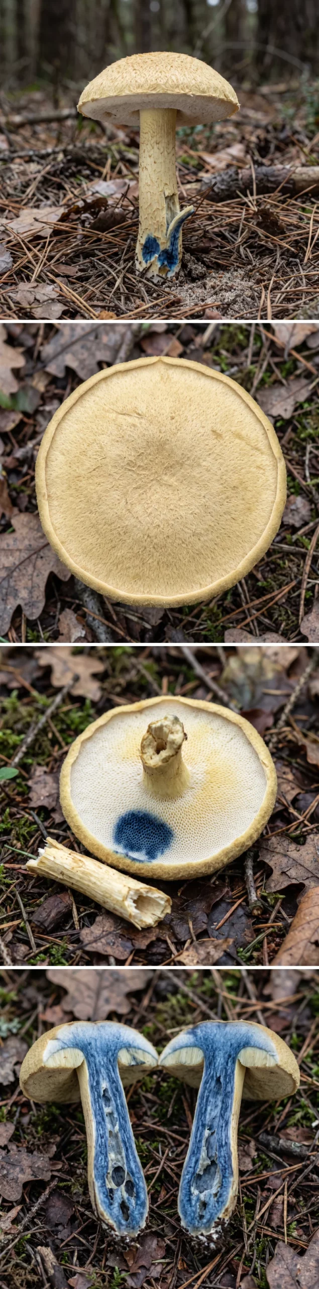 Bolet indigotier en quatre vues : le champignon entier, le chapeau de dessus, les pores blancs marqués de bleu indigo, et le pied coupé montrant les cavités et la chair bleue