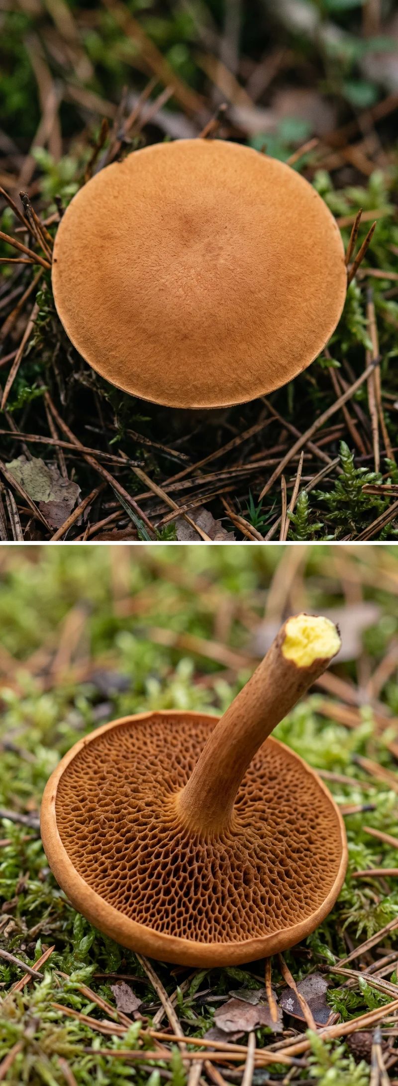 Deux vues du bolet poivré : le chapeau fauve orangé vu de dessus, puis le chapeau retourné montrant les pores couleur rouille et la base du pied jaune vif