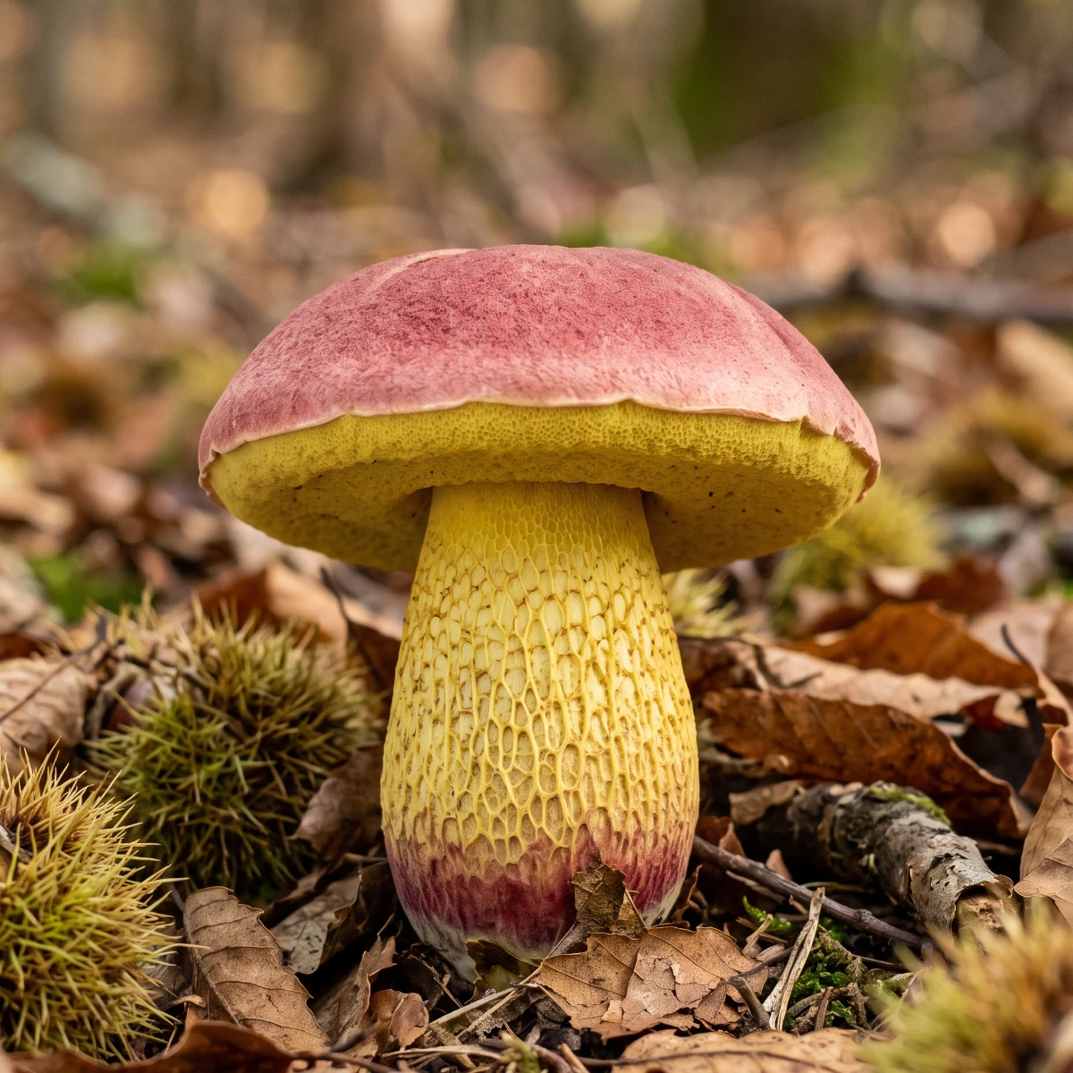 Bolet royal entier au pied d'un châtaignier, chapeau rose et pied jaune