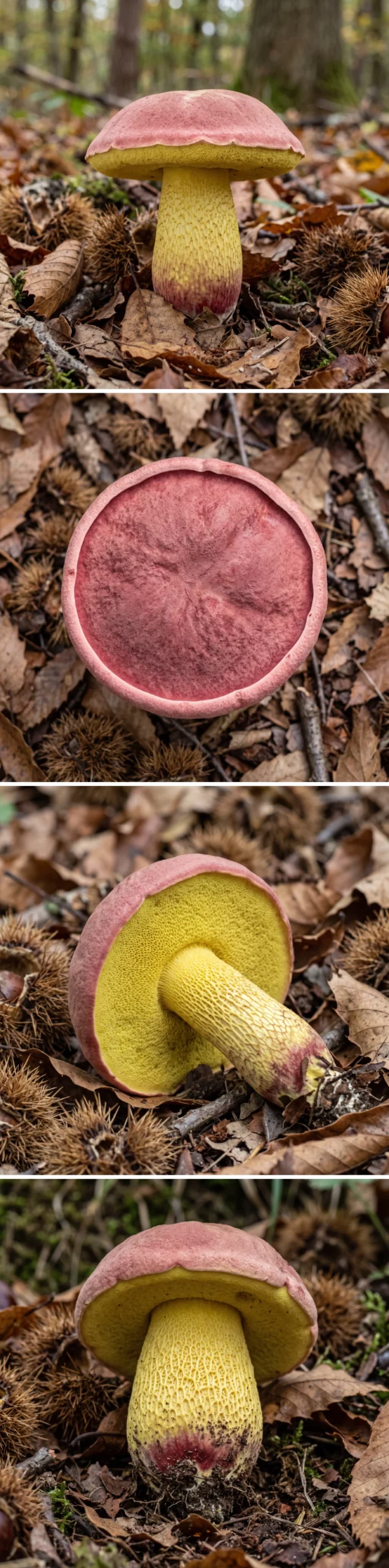 Quatre vues du bolet royal : le champignon entier, le chapeau rose vu de dessus, les pores jaunes du dessous et la base du pied avec son réseau jaune
