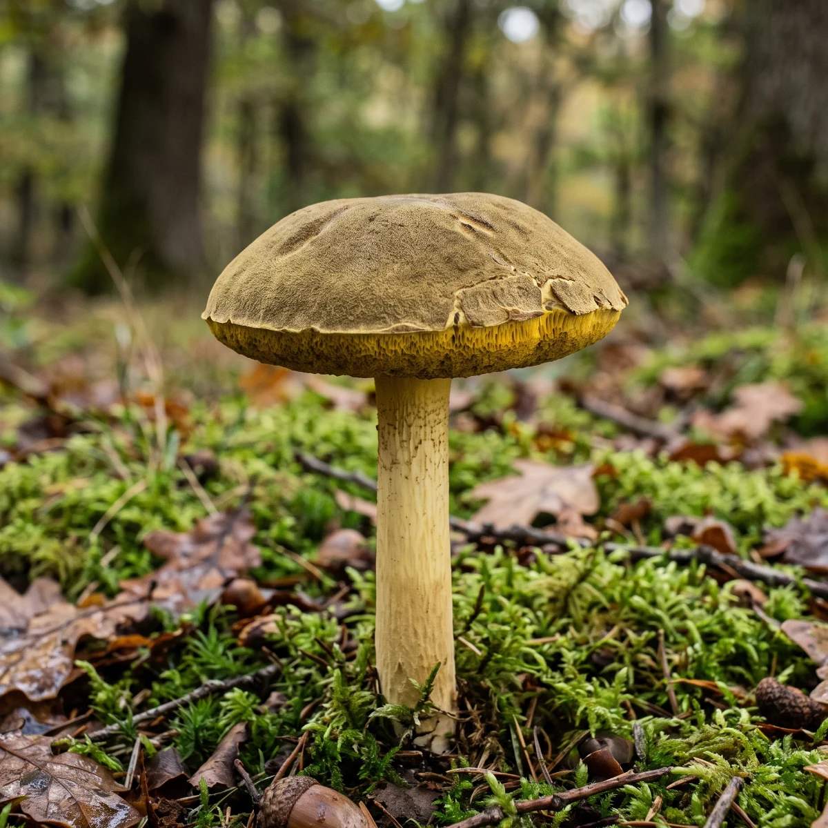 Bolet subtomenteux dans la mousse sous les chênes, chapeau velouté olive brun et pied jaune pâle