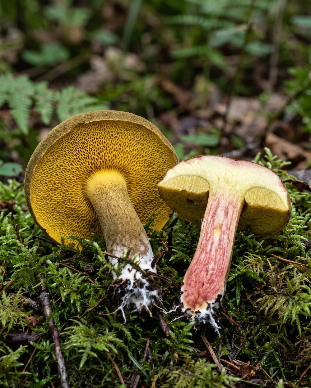 Bolet subtomenteux retourné montrant ses pores jaune vif, et coupé montrant la chair rosée du bas du pied et le mycélium blanc