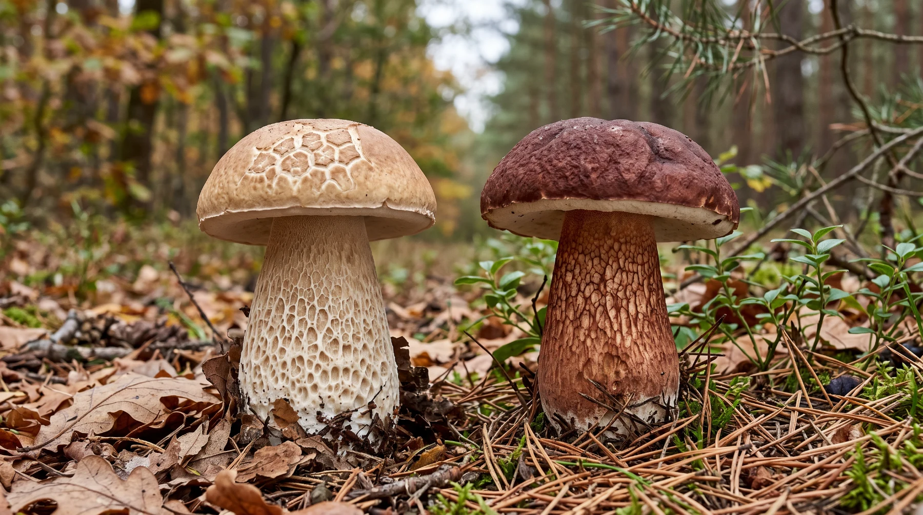 Cèpe d'été à chapeau beige craquelé et réseau blanc, à côté d'un cèpe des pins à chapeau acajou et réseau rougeâtre
