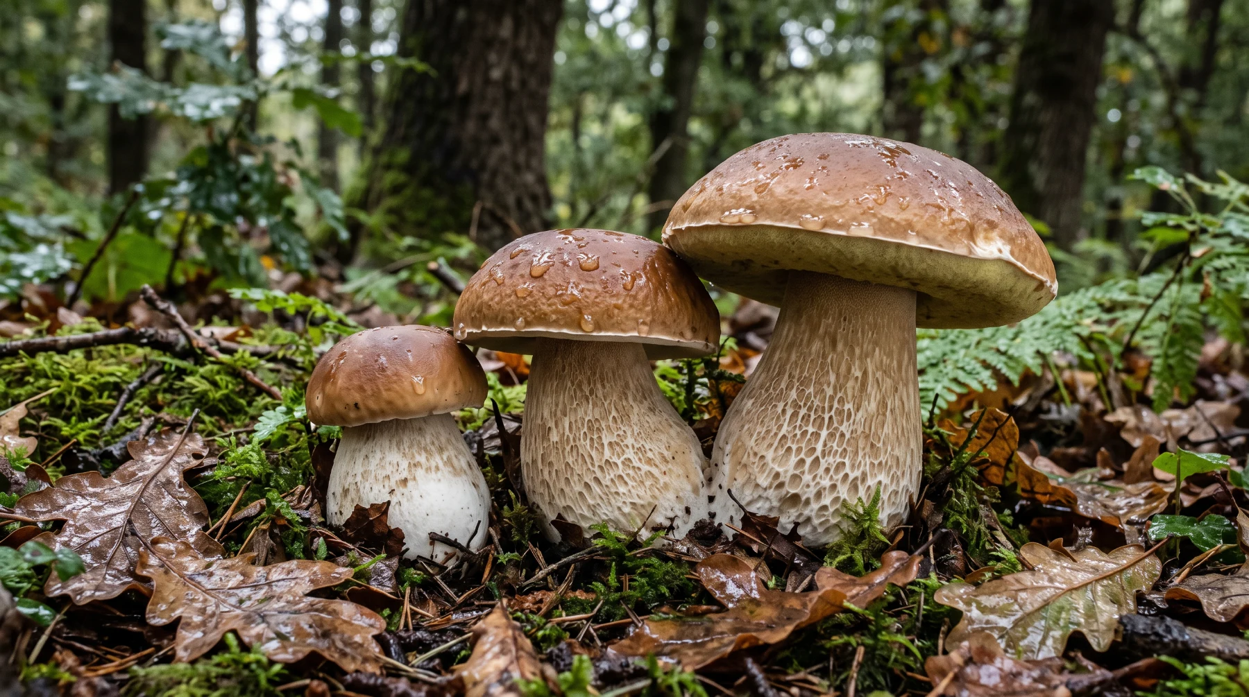 Trois cèpes de Bordeaux couverts de gouttes sur un sol de feuilles de chêne après la pluie