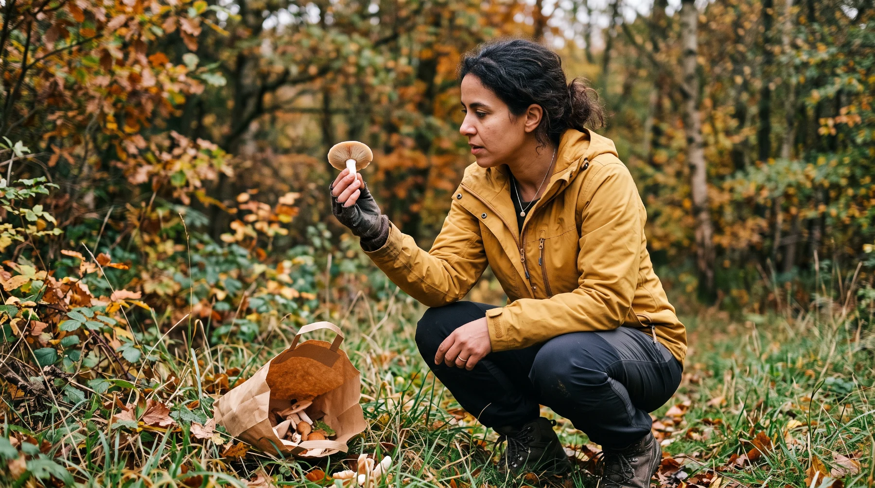 Une cueilleuse examine le dessous d'un champignon beige en lisière de bois