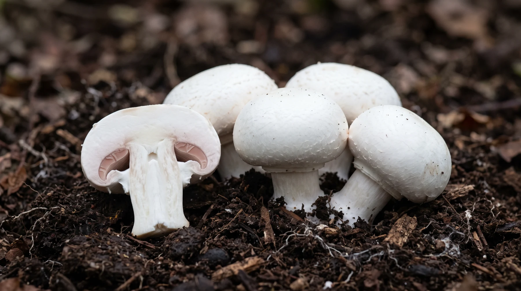 Champignons de Paris cultivés sur compost, l'un coupé en deux montrant ses lames rose pâle et son anneau