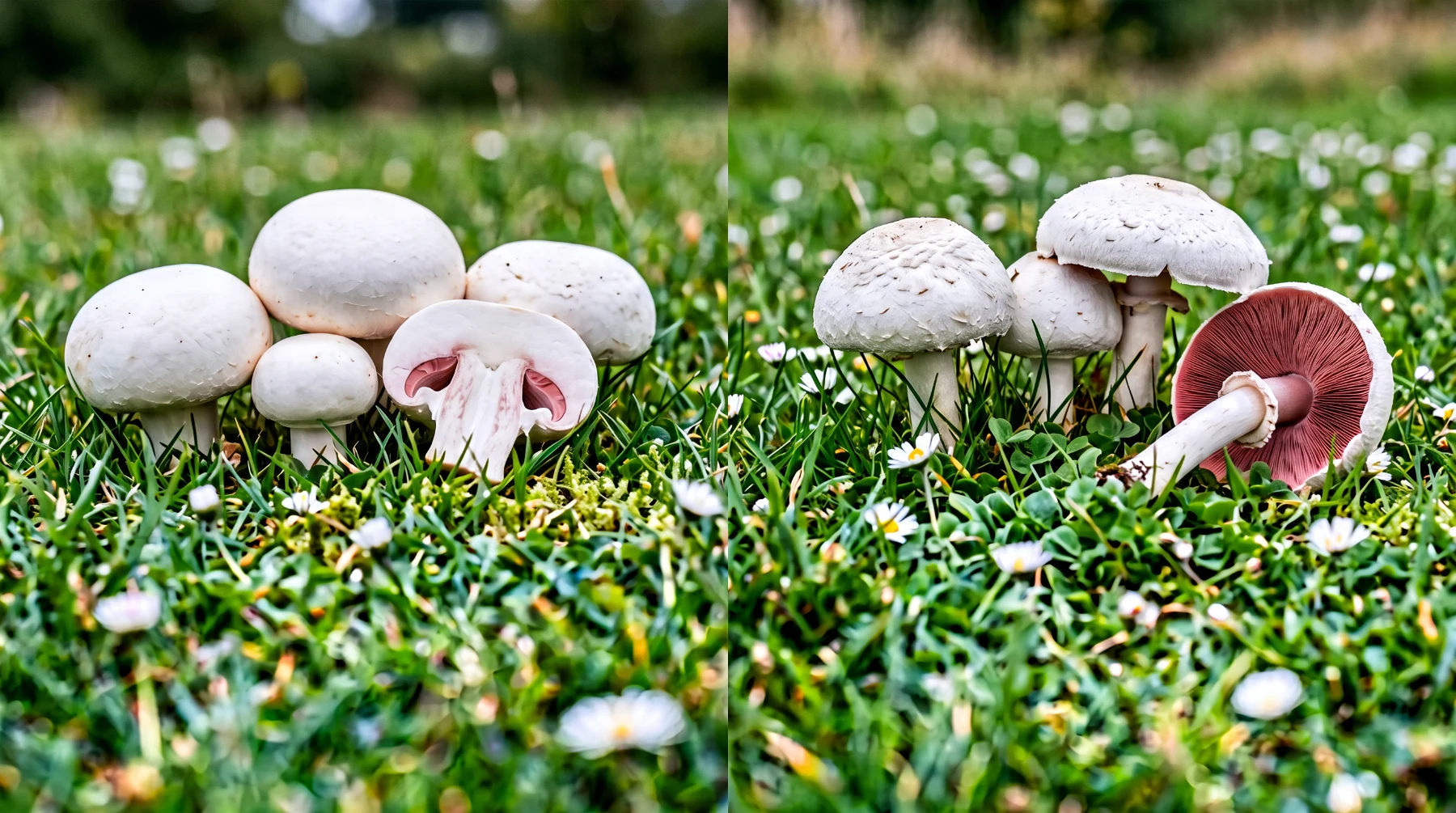 Champignons de Paris cultivés à gauche, rosés des prés sauvages à droite dans une pelouse fleurie de pâquerettes