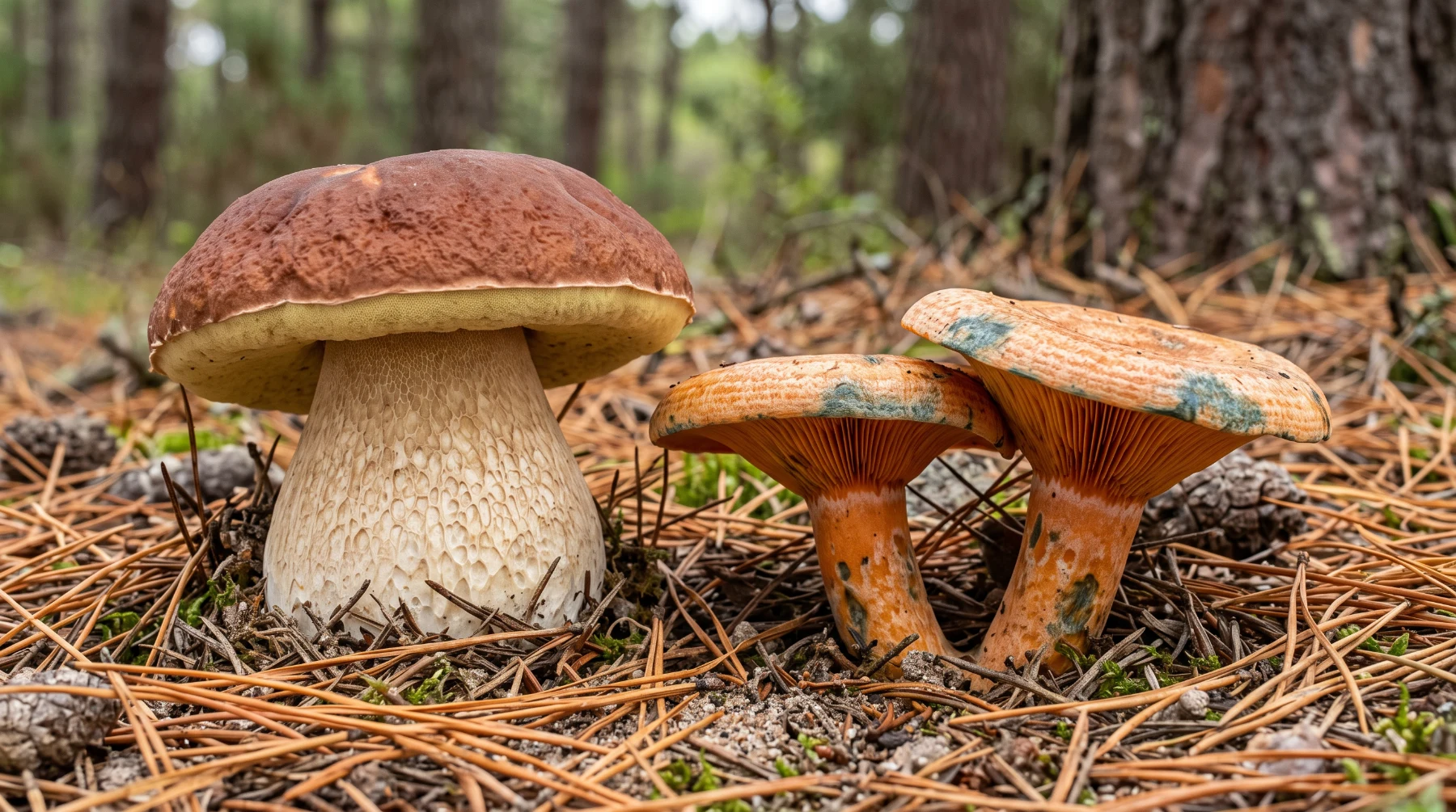 Cèpe des pins à chapeau brun rouge et deux lactaires délicieux orange tachés de vert-de-gris, sur un tapis d’aiguilles de pin