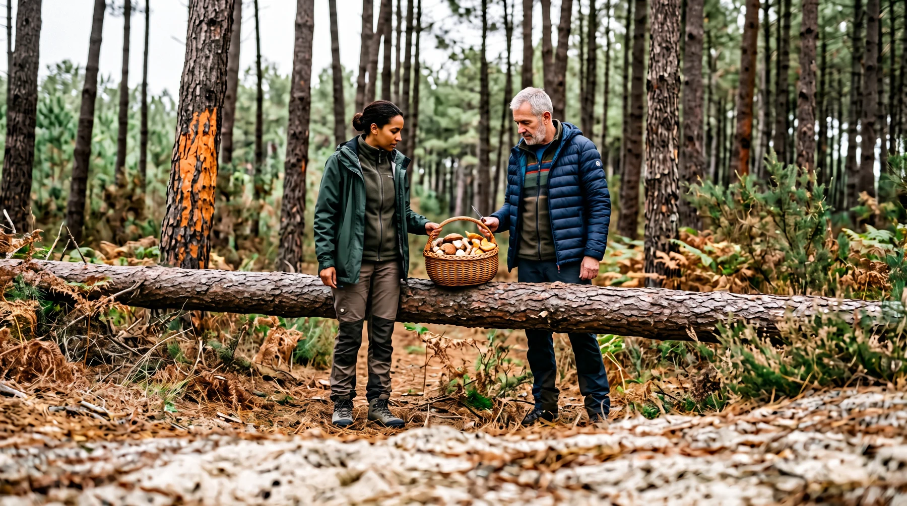 Deux cueilleurs de part et d’autre d’un pin couché portent un panier de champignons dans une pinède landaise, fougères sèches et sol sableux