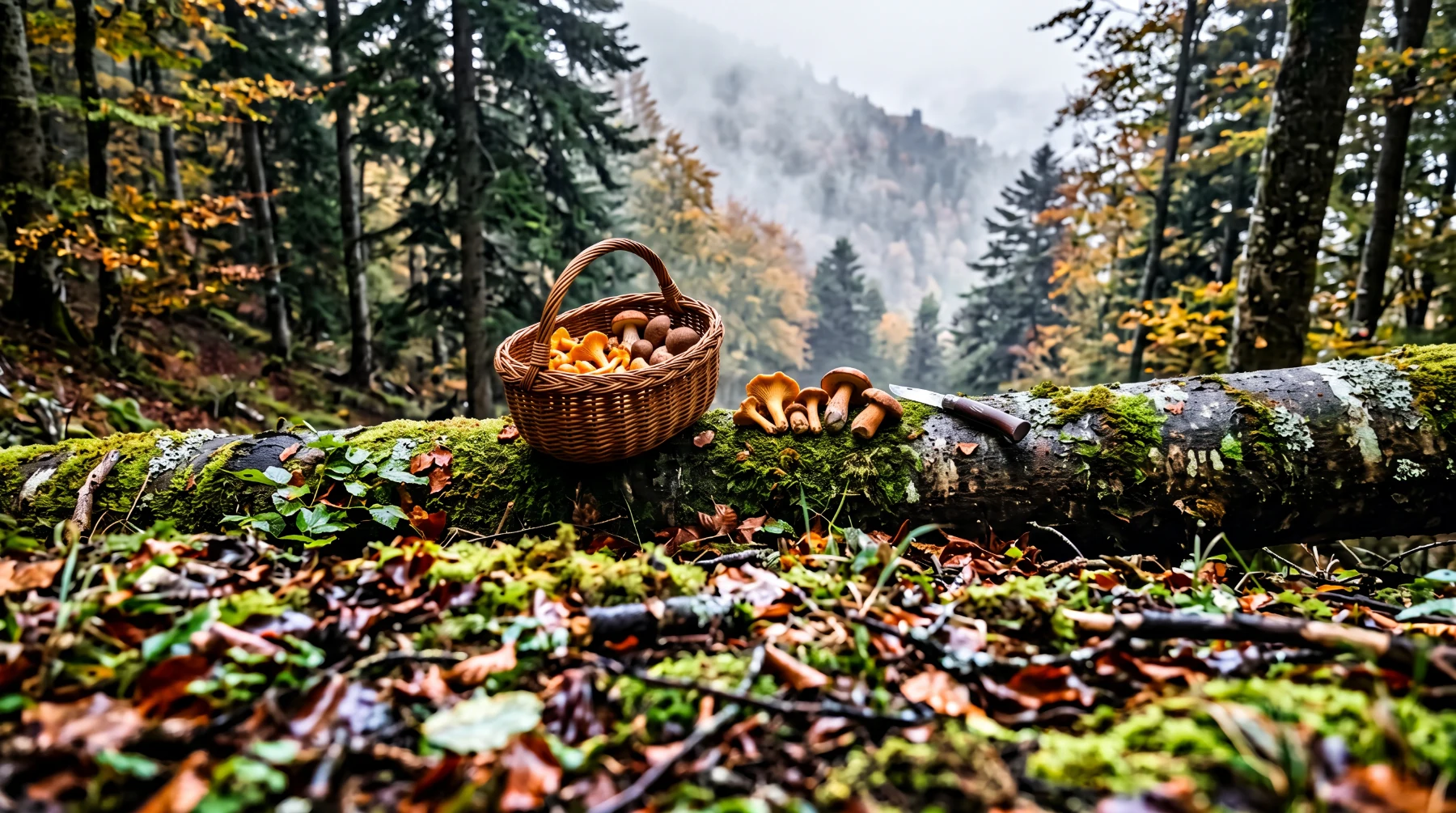 Panier de champignons posé sur un tronc moussu dans une forêt de hêtres et de sapins des Pyrénées, montagne dans la brume