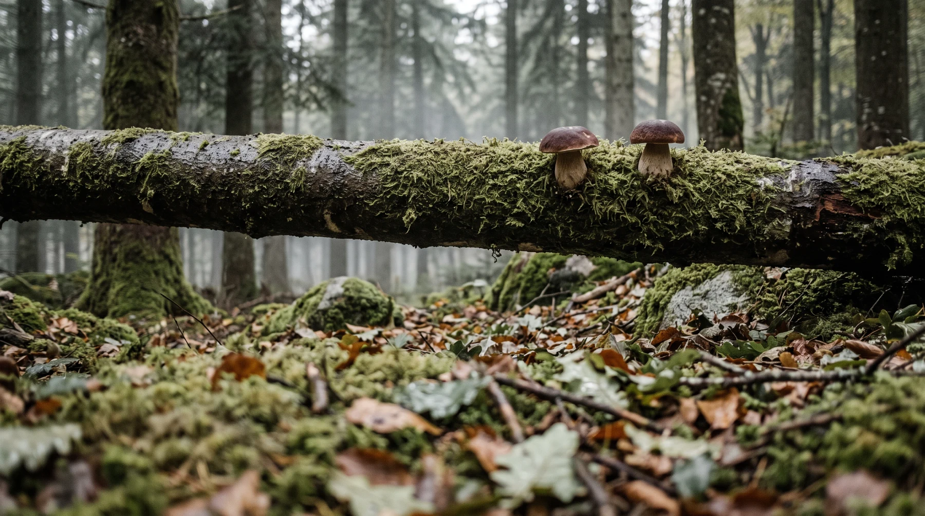 Deux cèpes poussant dans la mousse sur un tronc de sapin couché, dans une sapinière brumeuse des Vosges en automne