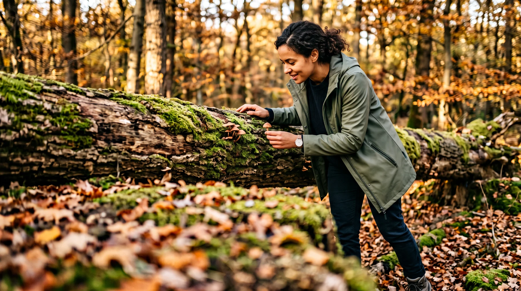 Une femme en veste de pluie examine un petit champignon poussant sur un tronc couché et moussu, dans une forêt d'automne au sol sec