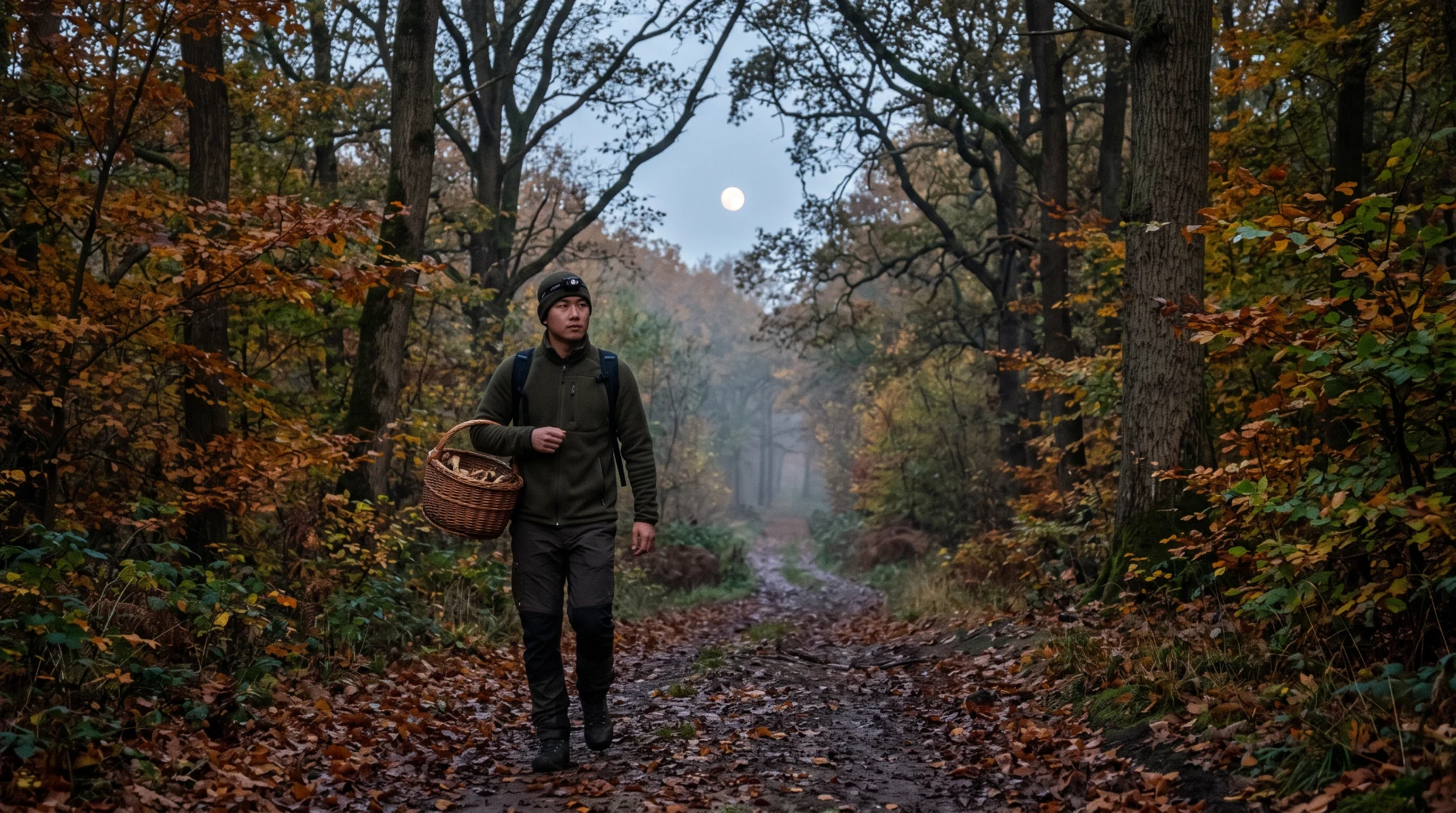 Un cueilleur avec son panier sur un chemin forestier au petit matin, la pleine lune encore visible