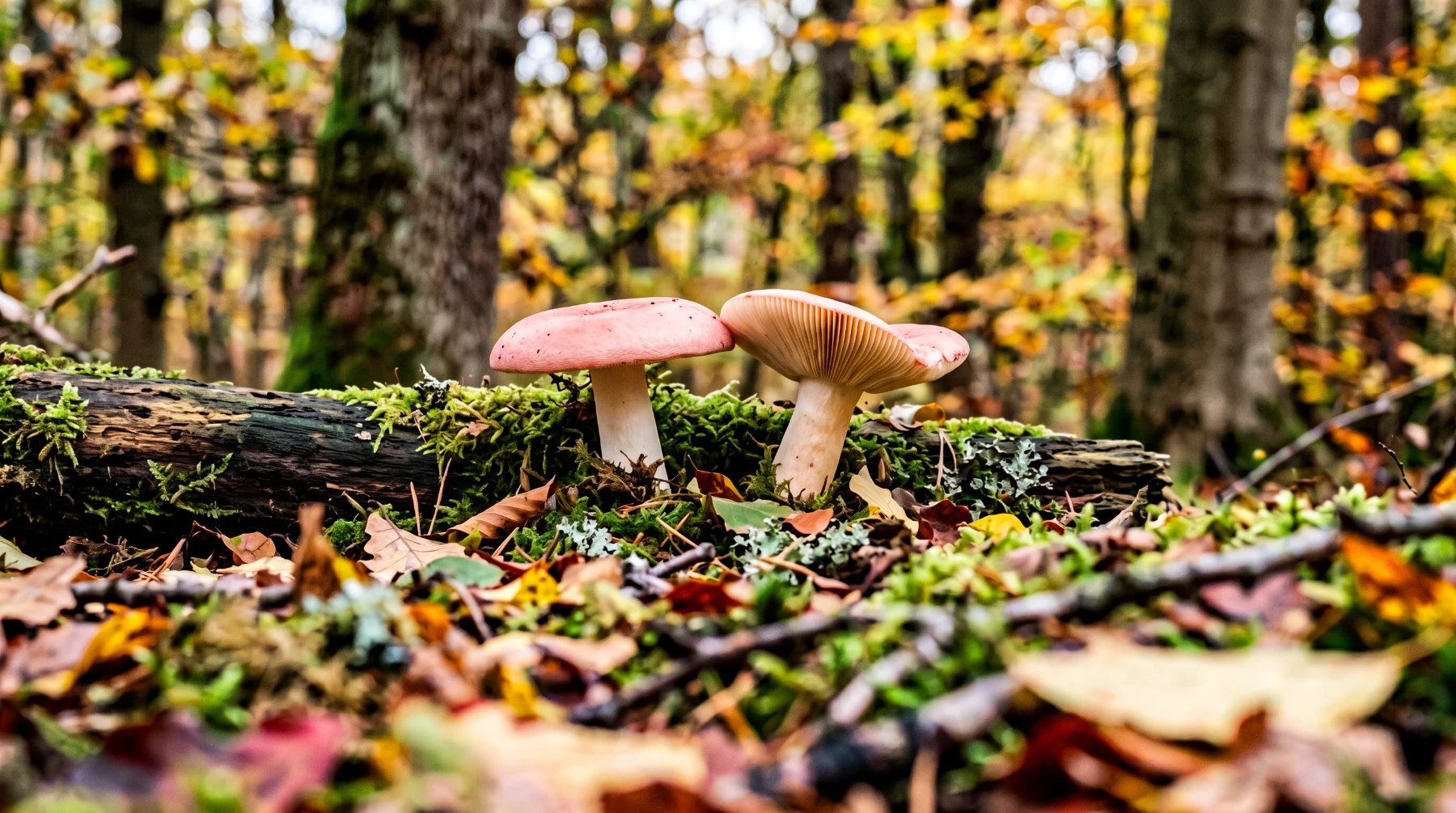Deux champignons à chapeau rose et pied blanc poussant sur un tronc moussu en forêt d'automne, celui de droite renversé laissant voir ses lames