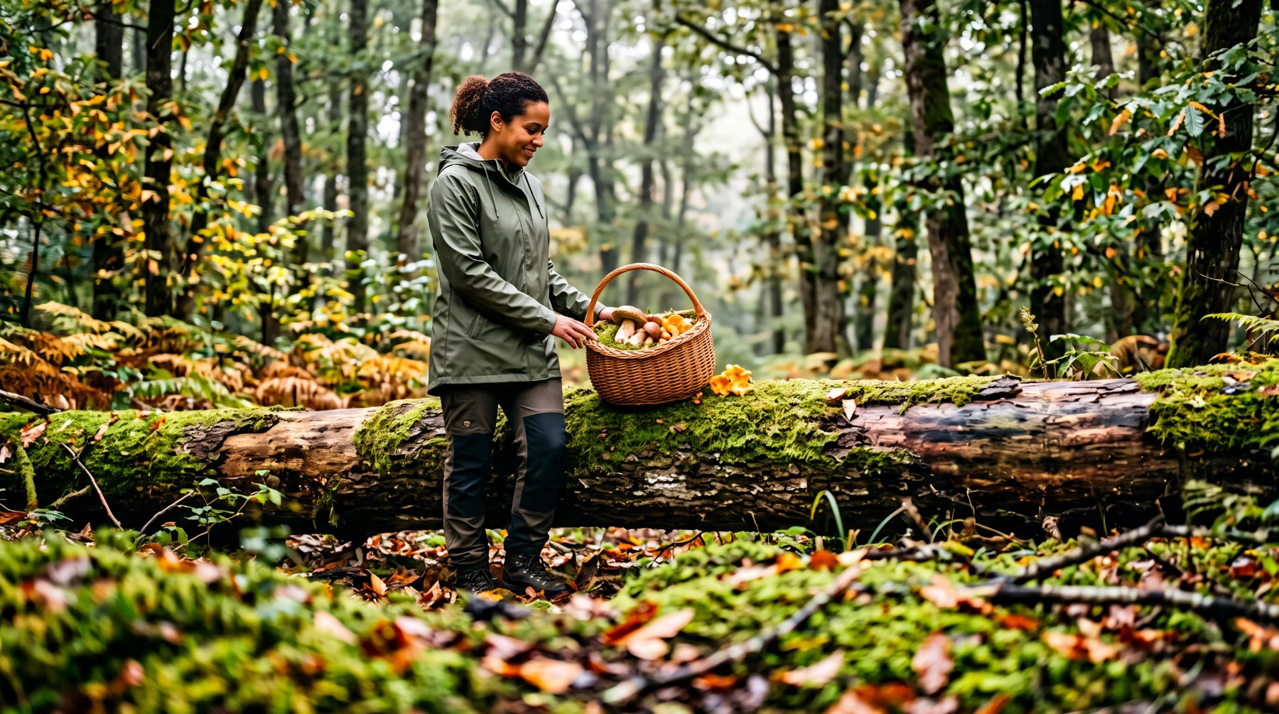 Cueilleuse en veste verte posant son panier de cèpes et de girolles sur un tronc moussu dans une forêt de chênes en septembre