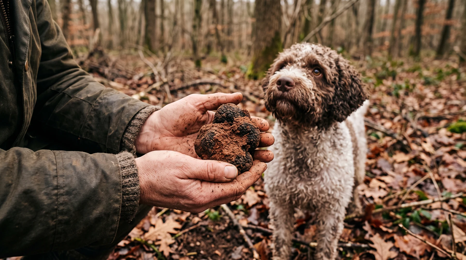 Mains couvertes de terre présentant une truffe noire fraîchement déterrée, un lagotto romagnolo attentif juste derrière