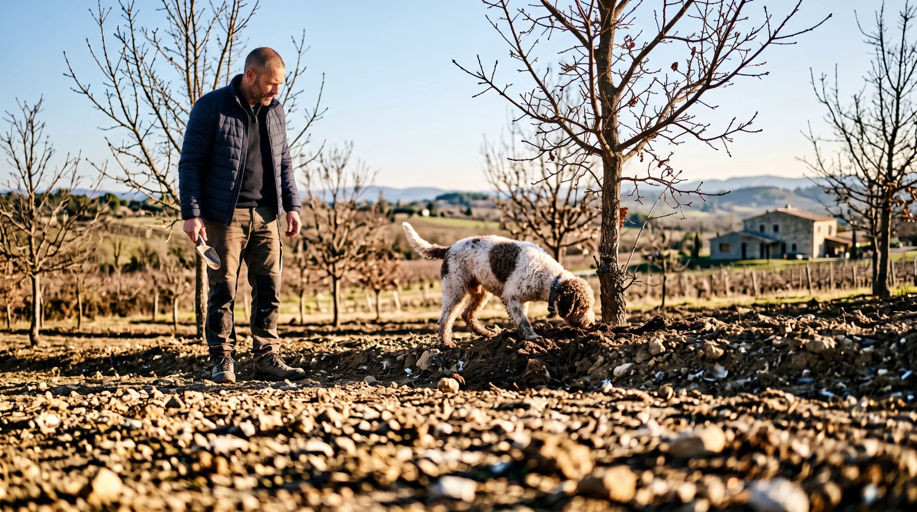 Lagotto romagnolo le nez au sol au pied d'un jeune chêne truffier, son maître debout à côté avec un petit outil de cavage