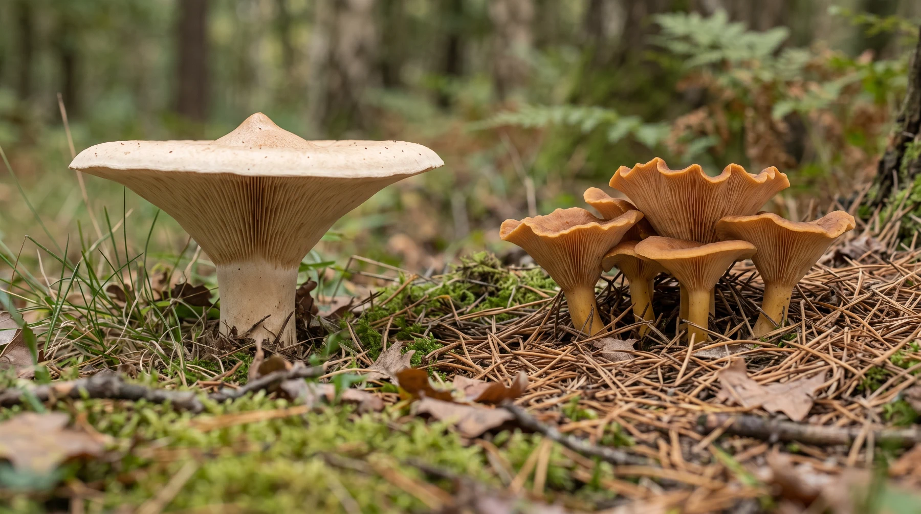 Grand clitocybe géotrope crème à gauche et troupe de petits clitocybes inversés roux à droite, sur la litière d'un bois de conifères