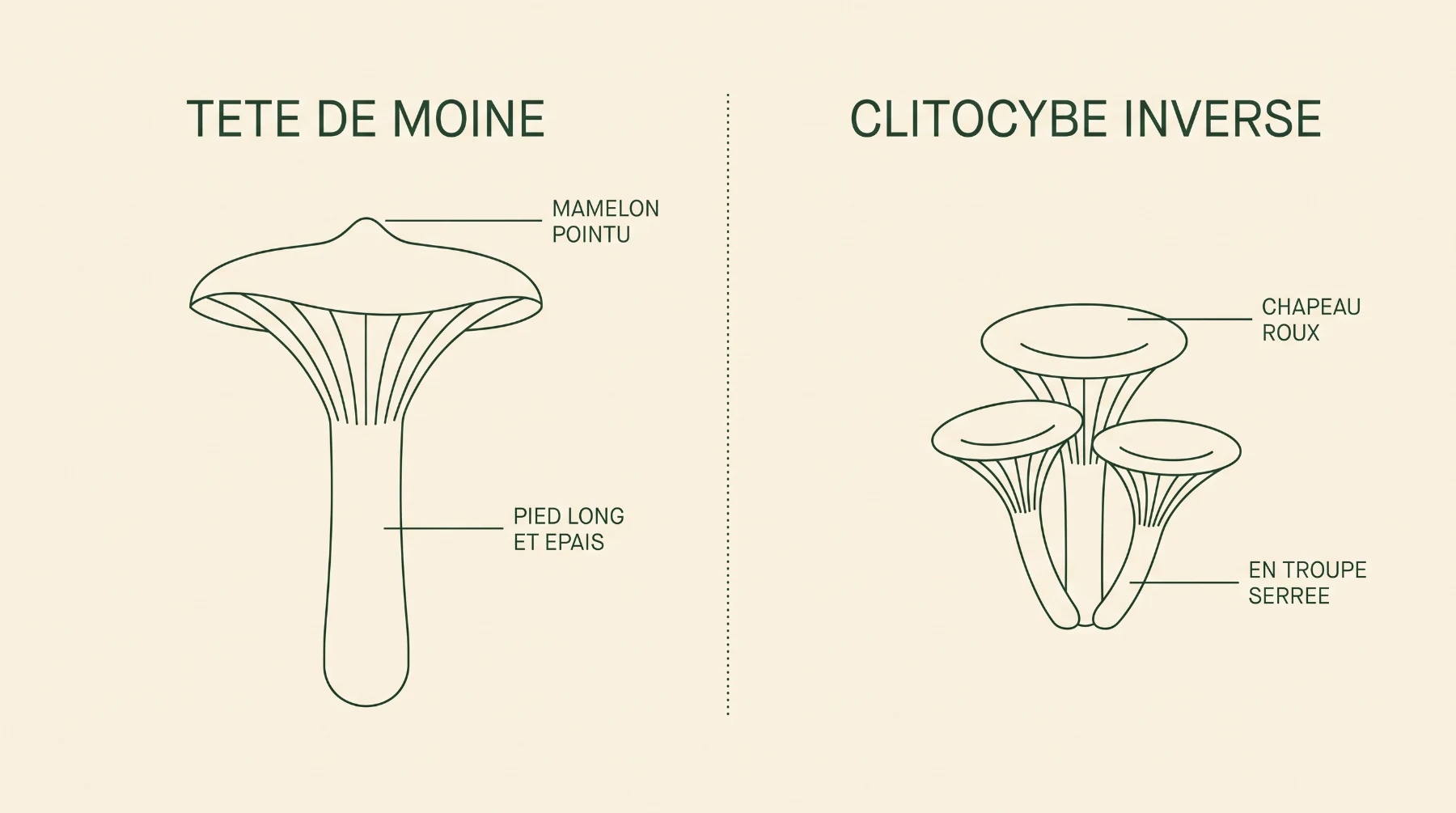 Schéma comparatif : tête de moine au mamelon pointu et au pied long et épais, clitocybe inversé au chapeau roux poussant en troupe serrée