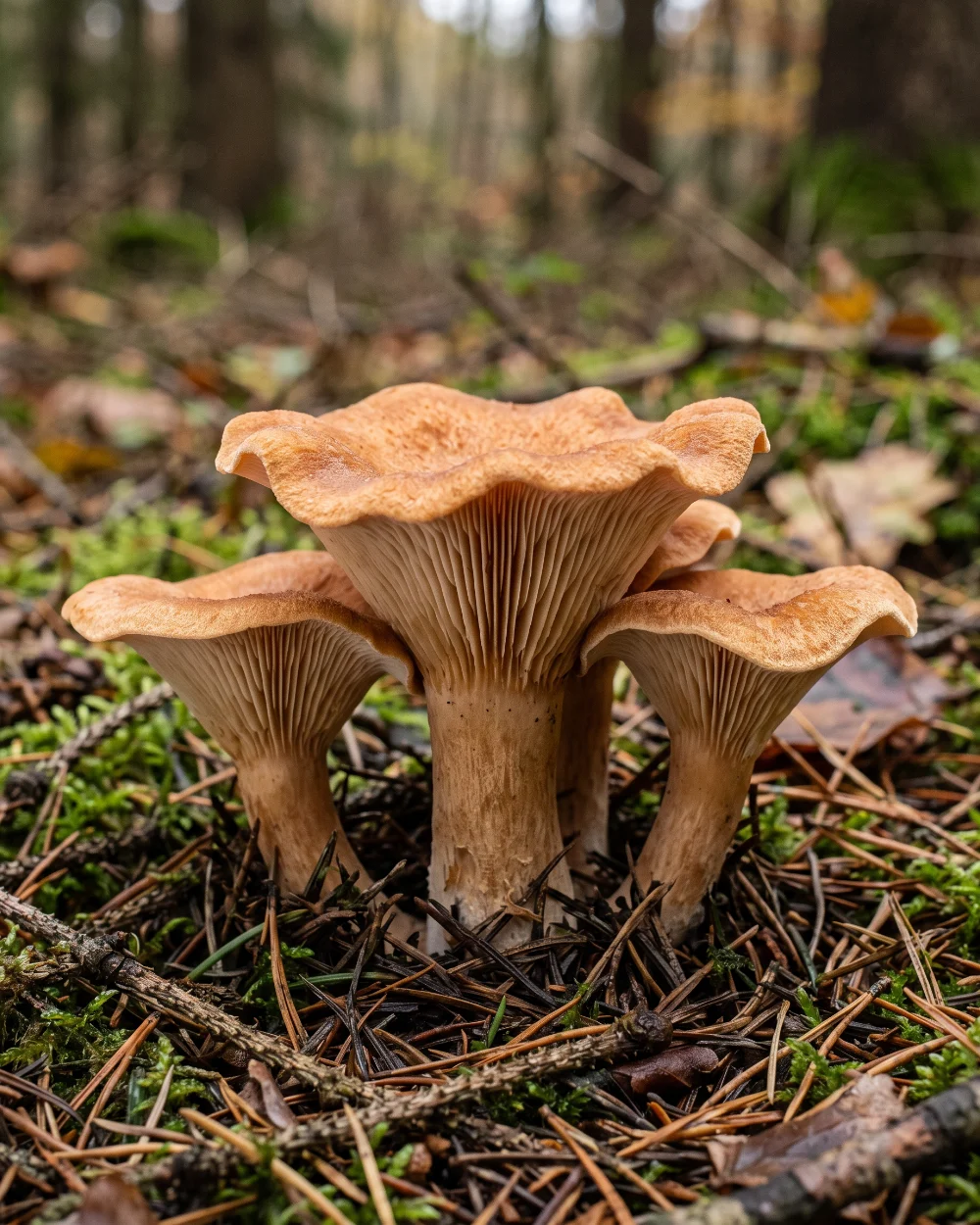 Clitocybe inversé, chapeau roux en entonnoir et lames décurrentes serrées