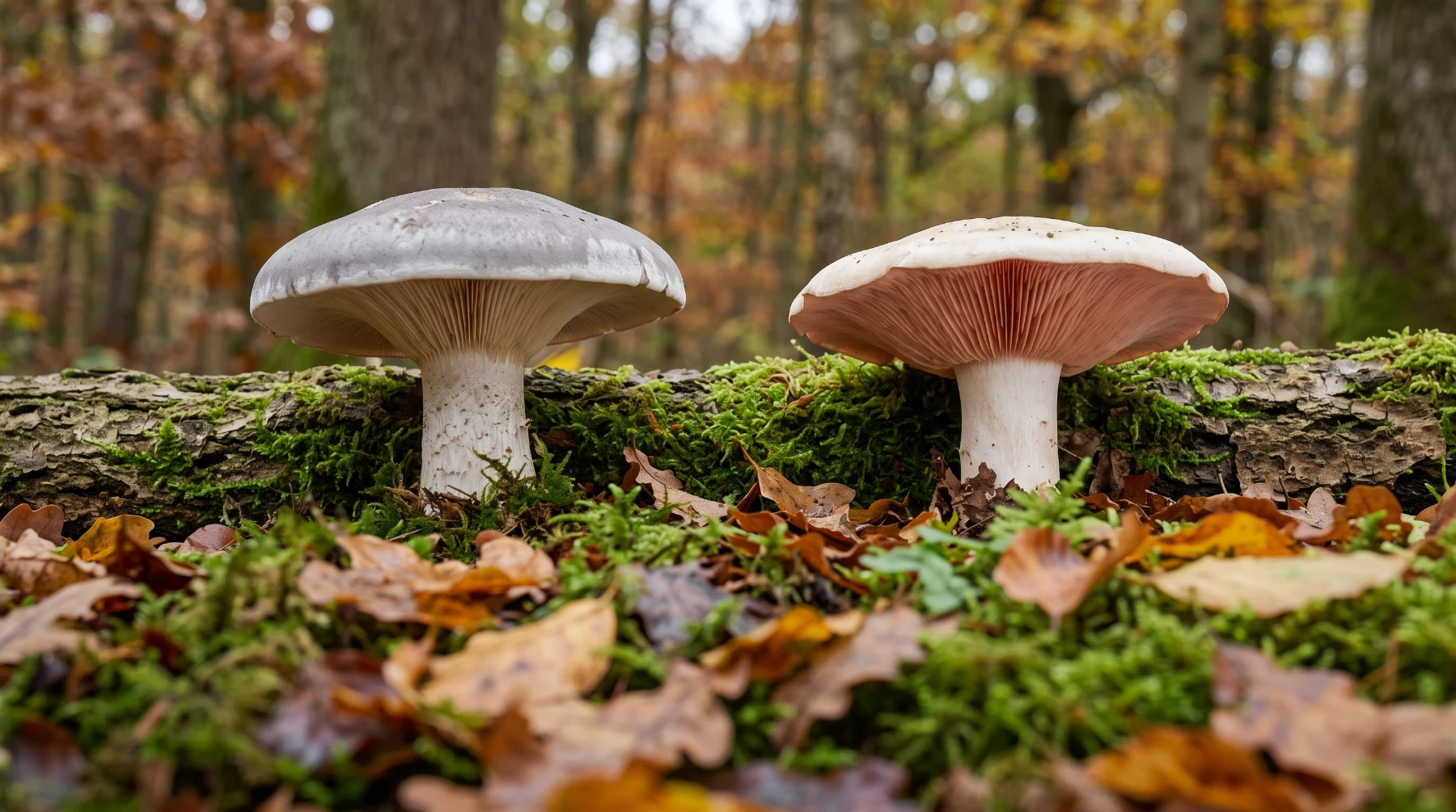 Clitocybe nébuleux à gauche et entolome livide à droite, côte à côte sur un tronc moussu en forêt de feuillus