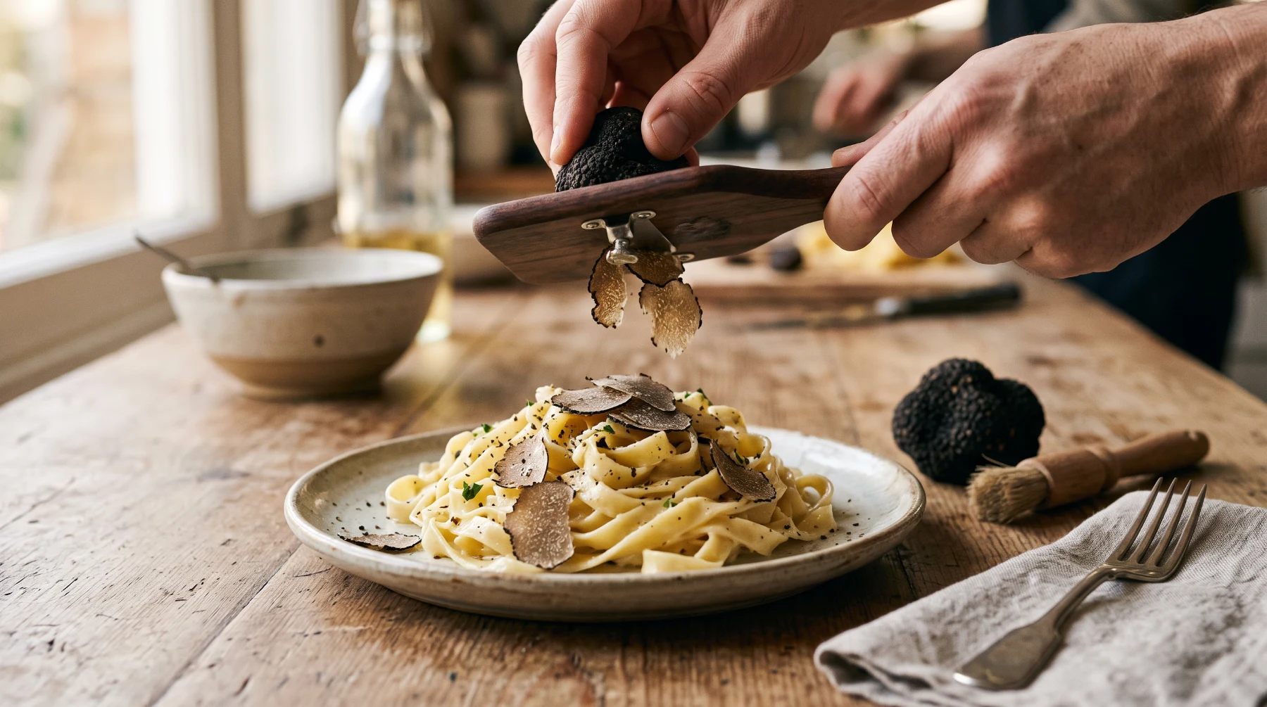 Truffe noire râpée à la mandoline au-dessus d'une assiette de tagliatelles au beurre