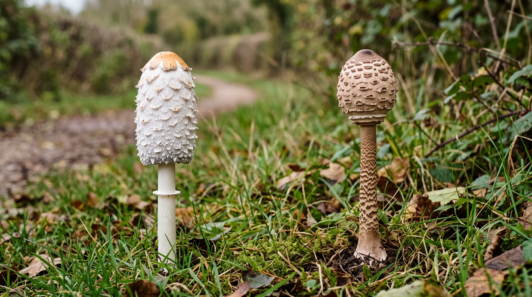 Coprin chevelu à gauche, chapeau blanc à mèches, et coulemelle jeune fermée à droite, en baguette de tambour sur son pied chiné, au bord d'un chemin herbeux