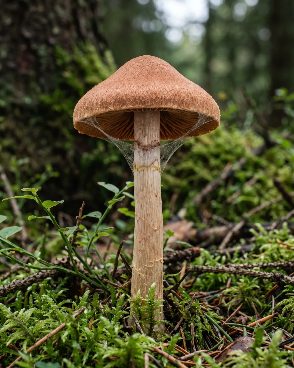Cortinaire très joli, chapeau conique roux et lames rouille, dans les sphaignes sous épicéa