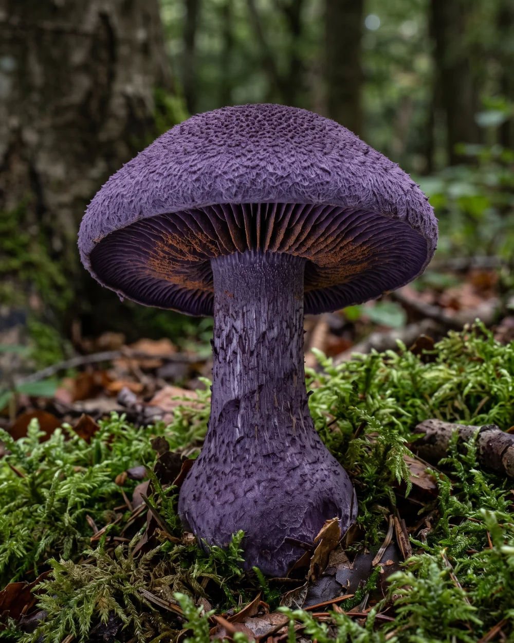 Cortinaire violet, chapeau violet foncé velouté et lames violettes