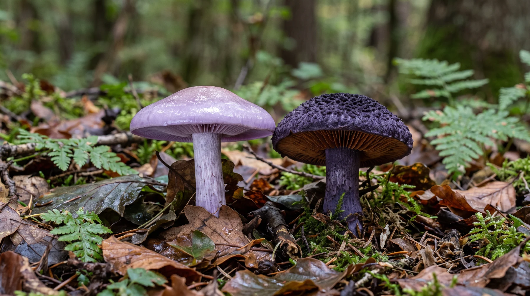 Pied bleu au chapeau lisse et cortinaire violet au chapeau feutré sombre côte à côte